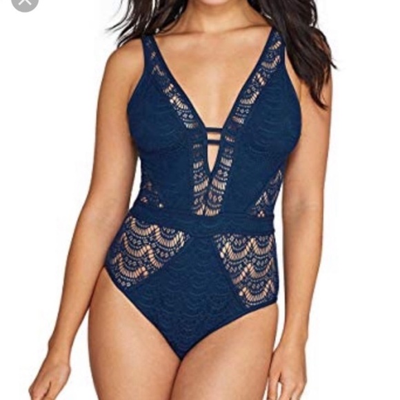 BECCA NWT Show & Tell One-Piece Swimsuit M Lace Crochet Sexy Vacation Coast - Picture 2 of 16